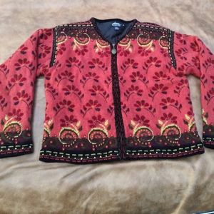 Icelandic Sweater Cardigan Zip up lined Floral Size M  Wool/Cotton Blend